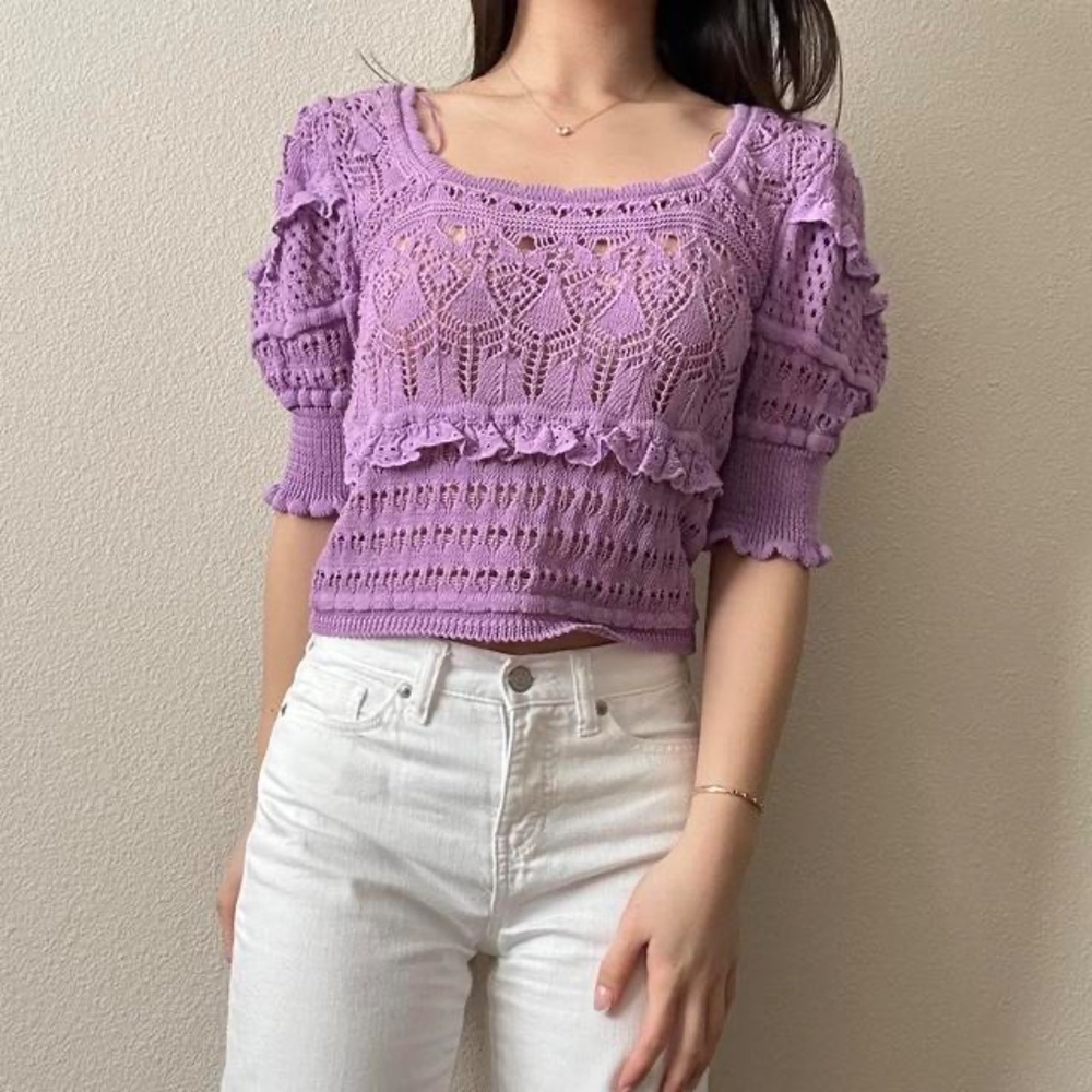 NEW Zara Purple eyelet pointelle crochet cotton sweater Medium